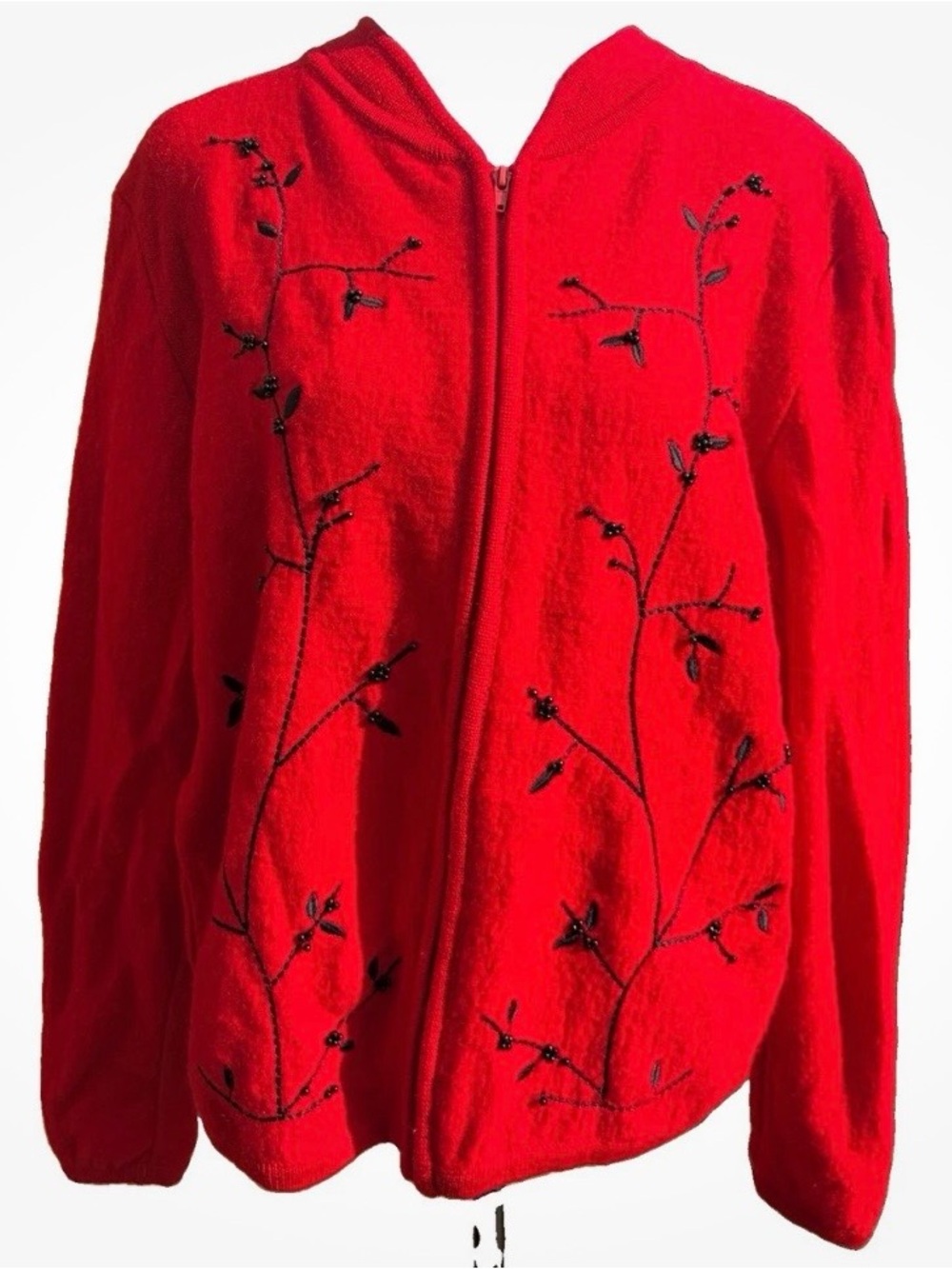VTG Natural Impressions Red Embroidered Beaded Zip Cardigan Sweater Jacket Sz L